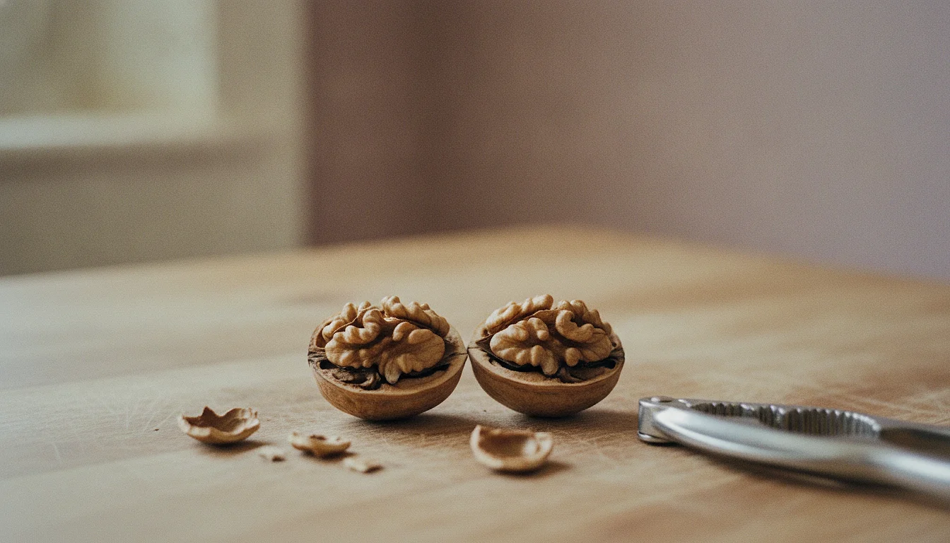 An opened walnut on a wooden table, its two halves lying apart and visibly mirroring each other.