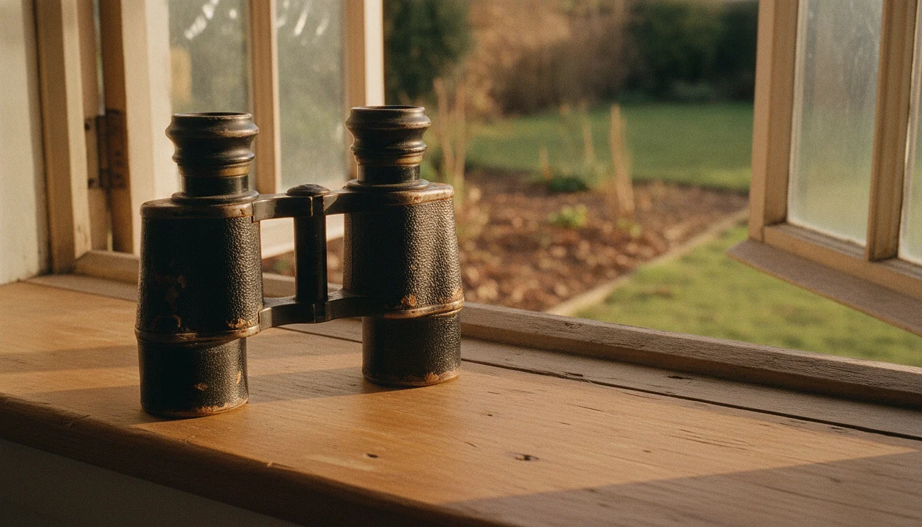 A pair of old binoculars resting on a wooden windowsill, facing an ordinary garden softly out of focus beyond the glass.