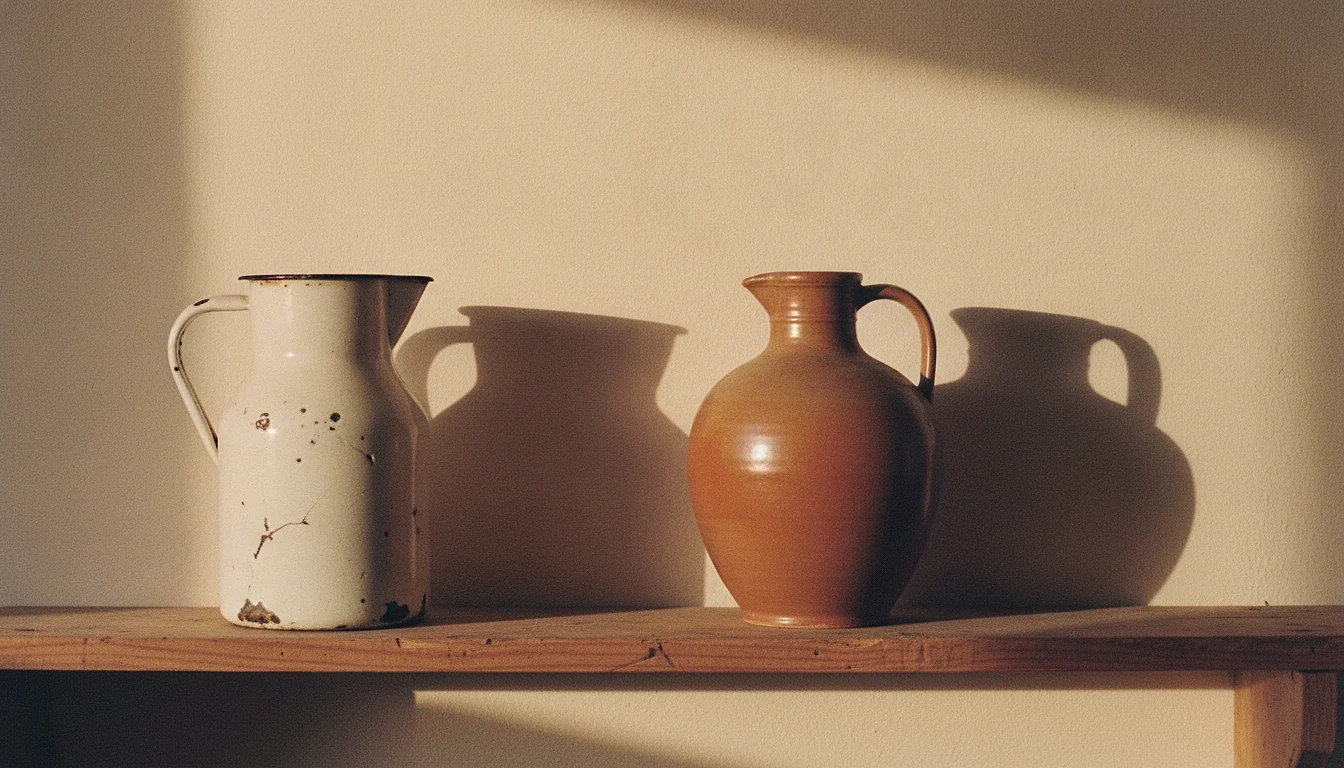 Two different jugs, one enamel and one ceramic, casting almost identical shadows on a warm plastered wall.