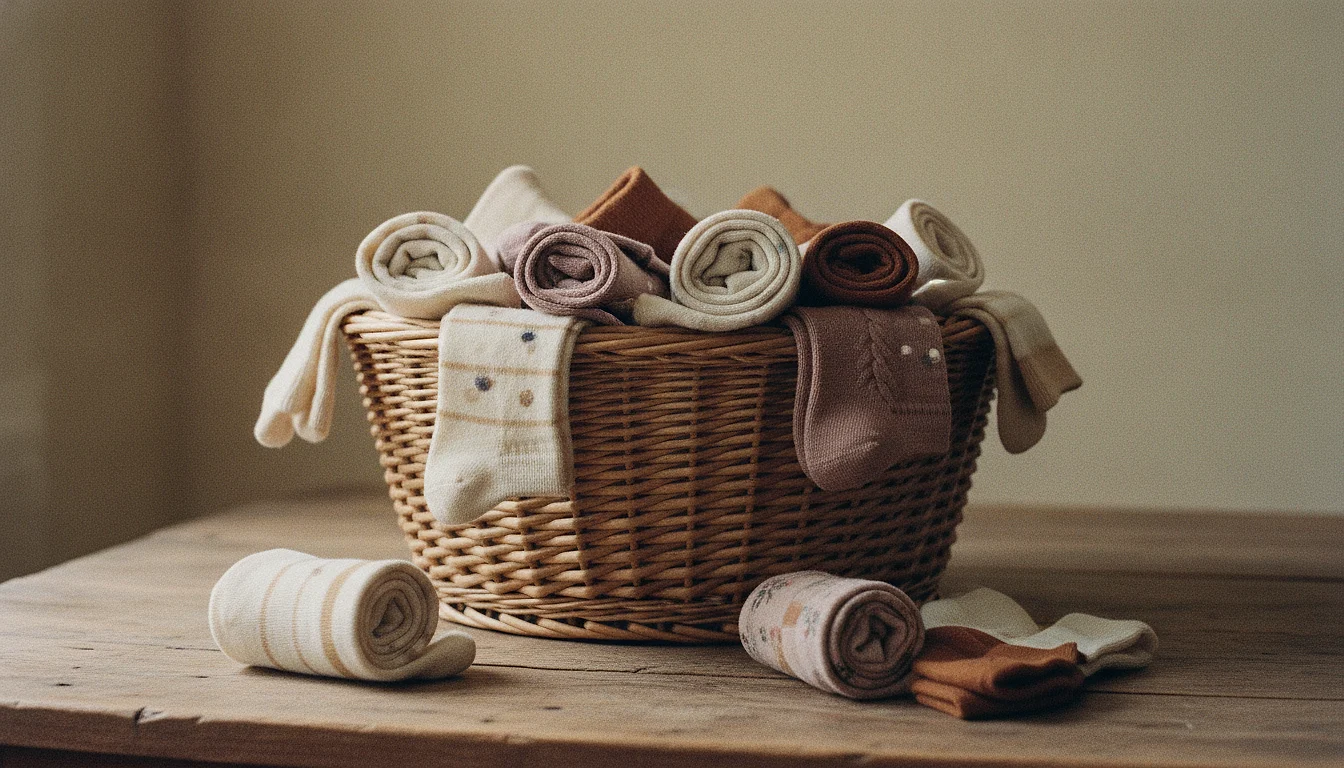 A wicker basket of assorted socks folded into pairs, every pair matched though no two socks are identical.