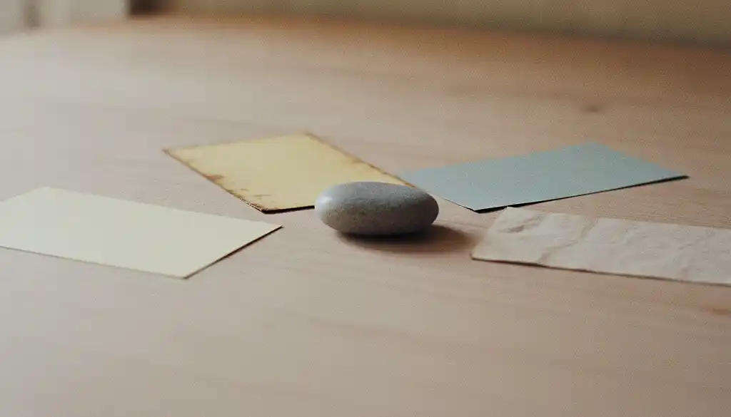 A single smooth grey pebble lies in the middle of a scrubbed wooden table with four blank index cards of visibly different papers fanned around it.