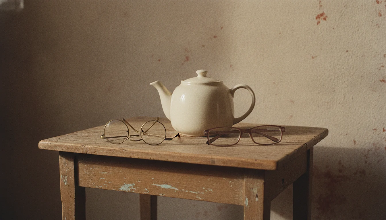 Two pairs of reading glasses folded on a small side table next to one plain teapot, in soft window light.