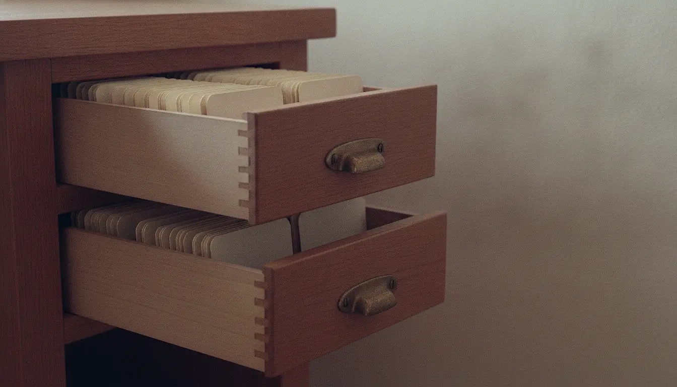 Two shallow library card-catalogue drawers pulled part-way out of a wooden cabinet, the cards inside blank and slightly fanned.