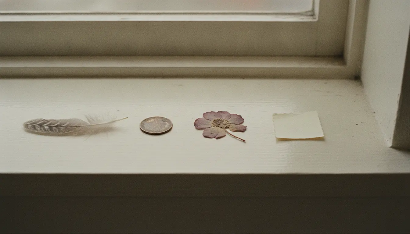 A feather, a plain coin lying face down, a pressed flower and a torn paper stub laid out in a row on a pale windowsill in daylight.