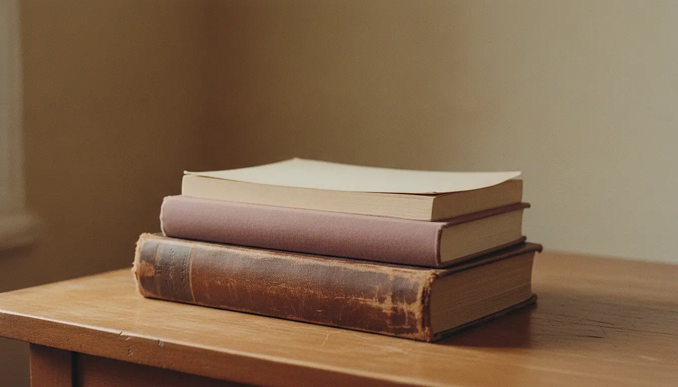 Three books of visibly different ages stacked on a table, their blank cloth and paper covers worn to different degrees.