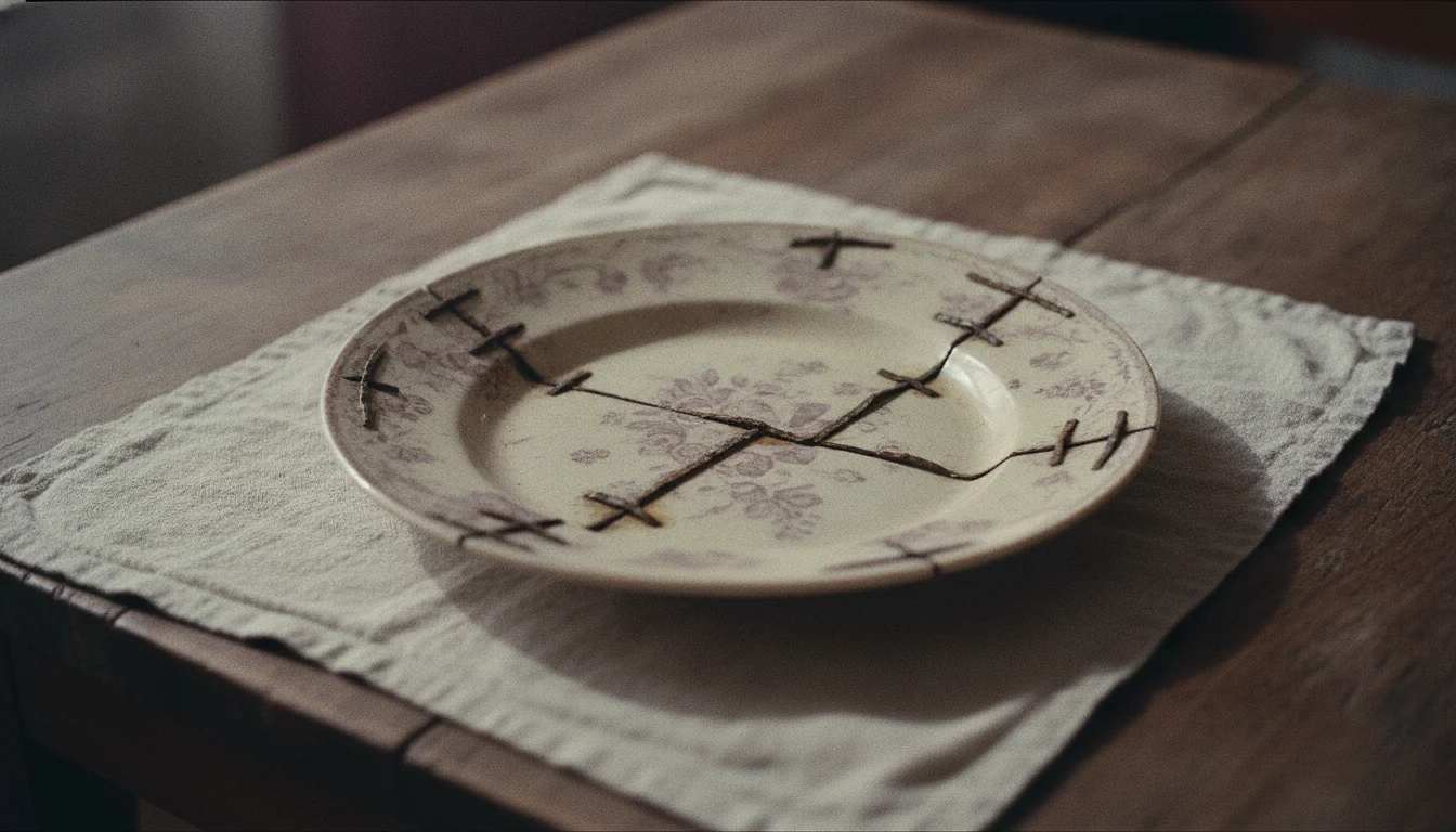 An old ceramic plate crossed by cracks and held together with several antique metal staple repairs.