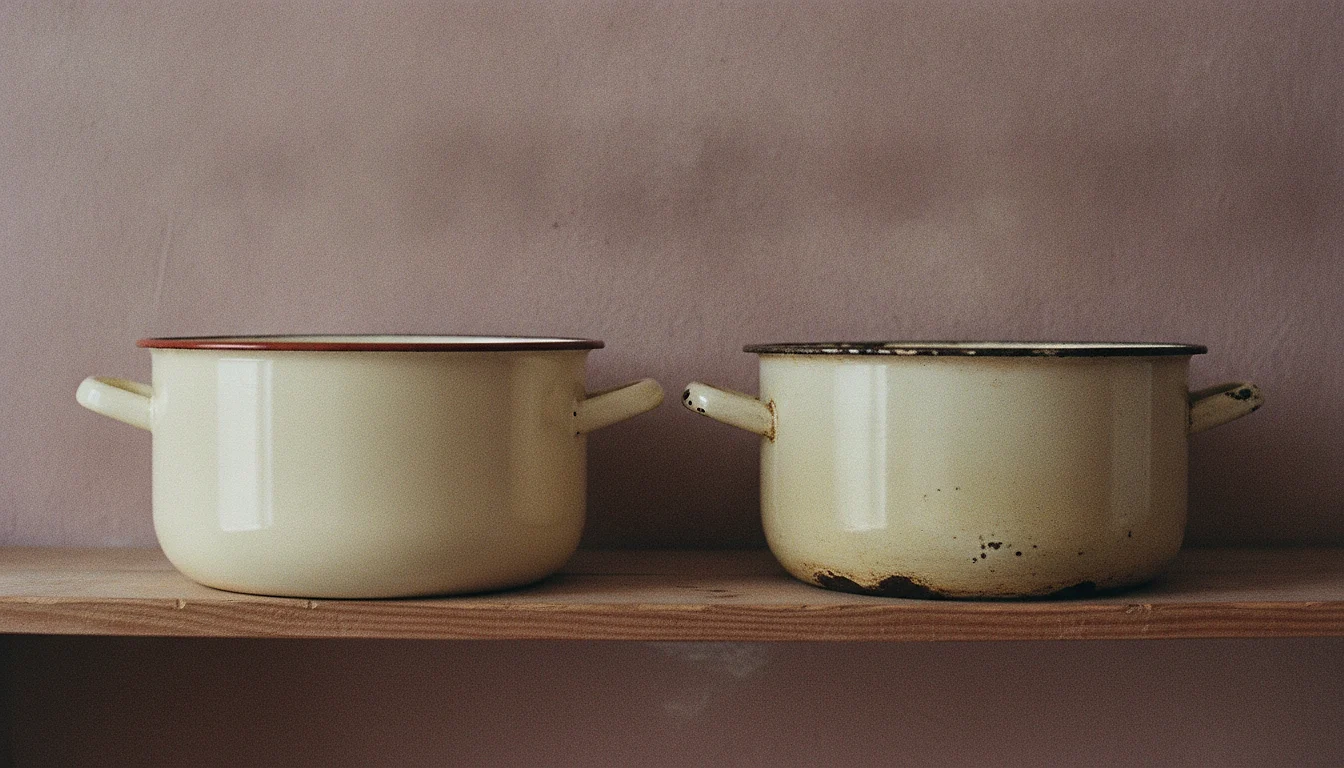 A brand-new gleaming enamel cooking pot standing next to a battered, much-used one on a kitchen shelf.