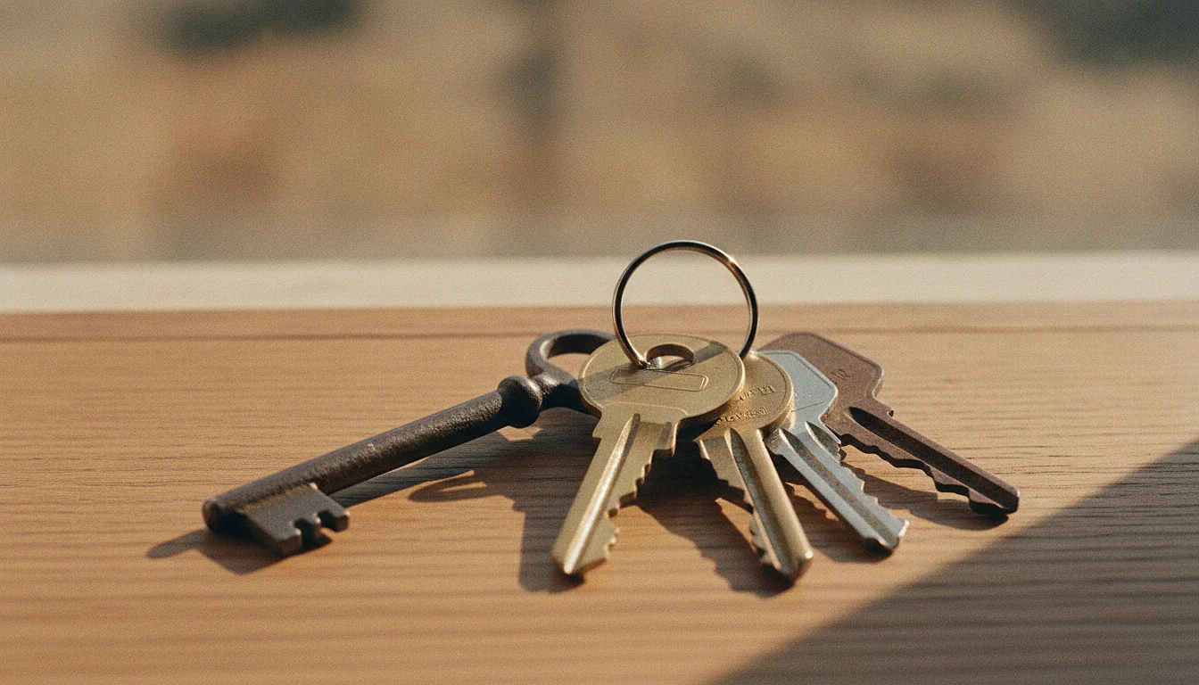 One key ring holding several worn keys of different ages and shapes, lying on a wooden windowsill.