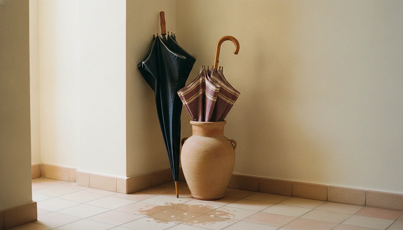Two different umbrellas drying in a hallway corner: a large dark one leaning against the wall, a smaller patterned one in a ceramic stand, drips on the tiled floor.