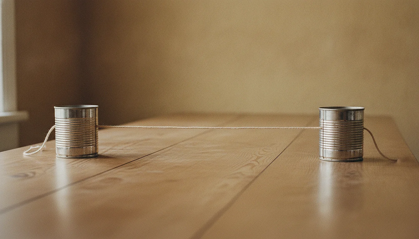 A homemade string telephone: two tin cans joined by a taut string stretched across a wooden table.