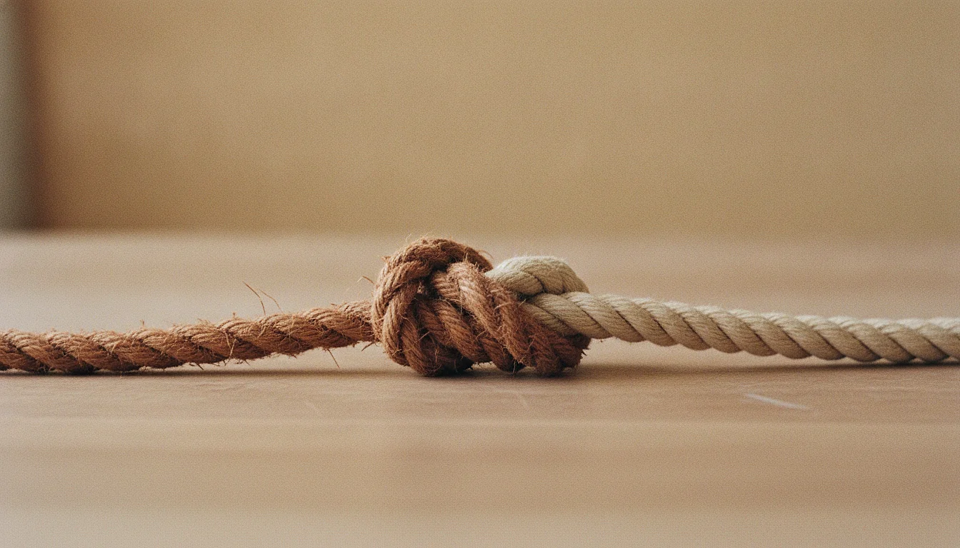Two ropes of different material joined by one tight weathered knot, lying across a wooden table.