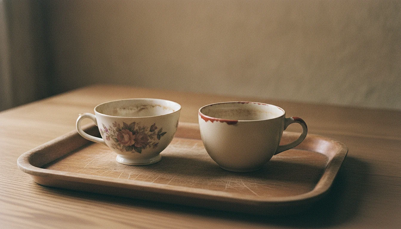 Two teacups from different china sets standing side by side on a wooden tray, one floral and one plain.