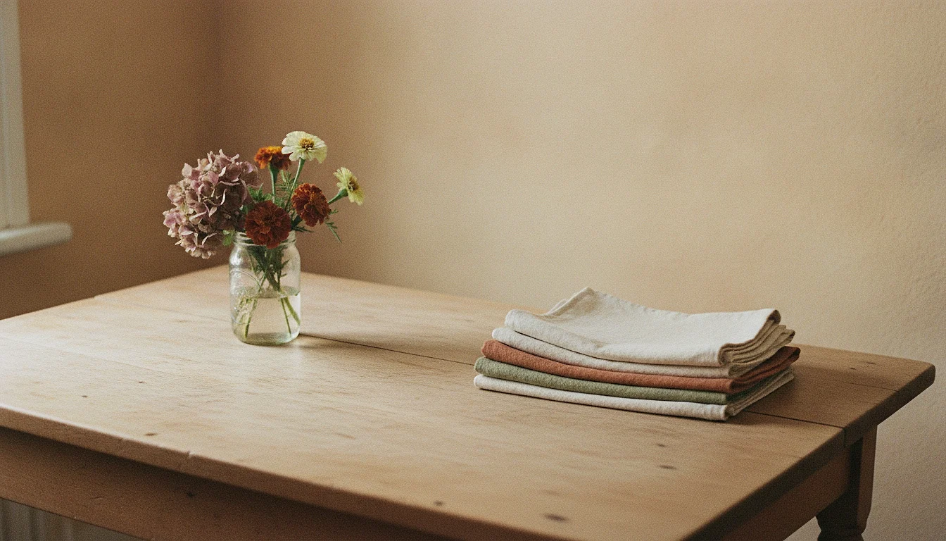 A kitchen table with a small jar of garden flowers at one end and a neat stack of folded household linen at the other.