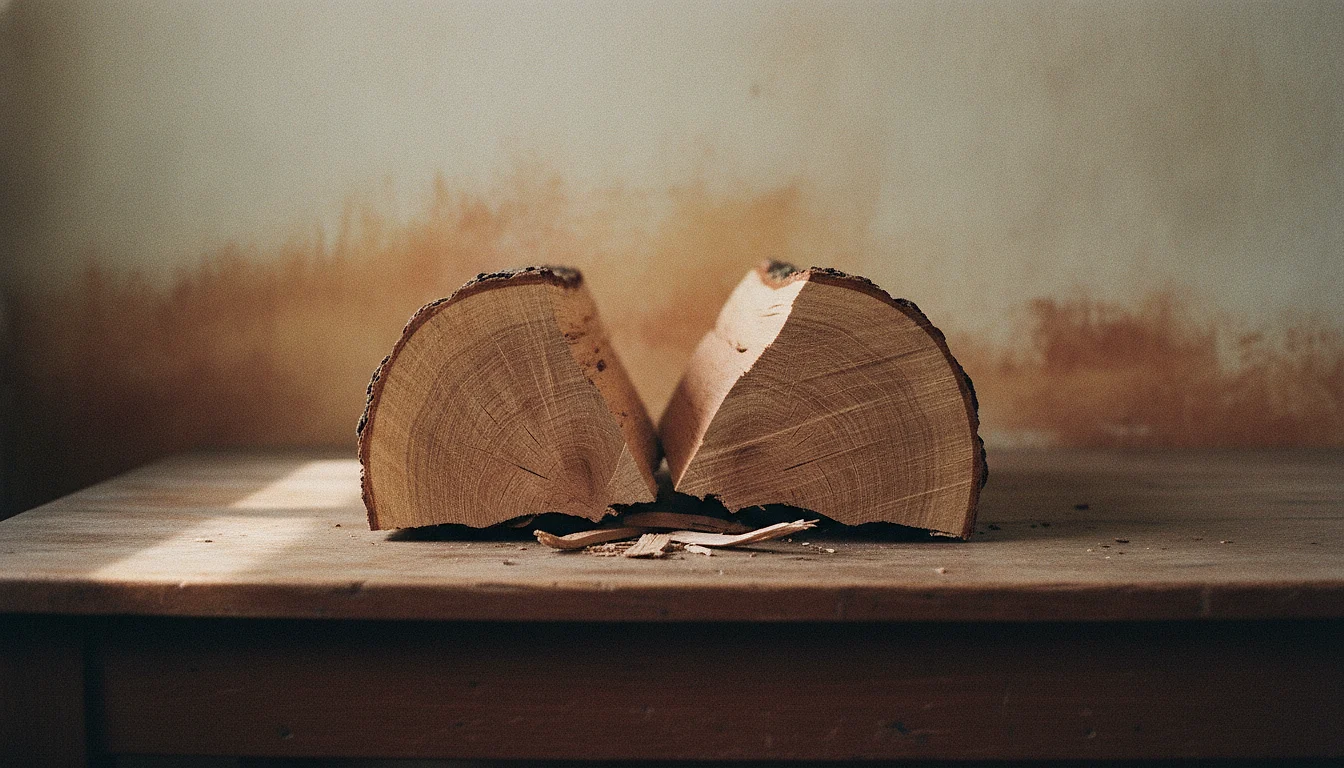 Two halves of one split firewood log lying side by side on a workshop table, their grain patterns matching exactly.