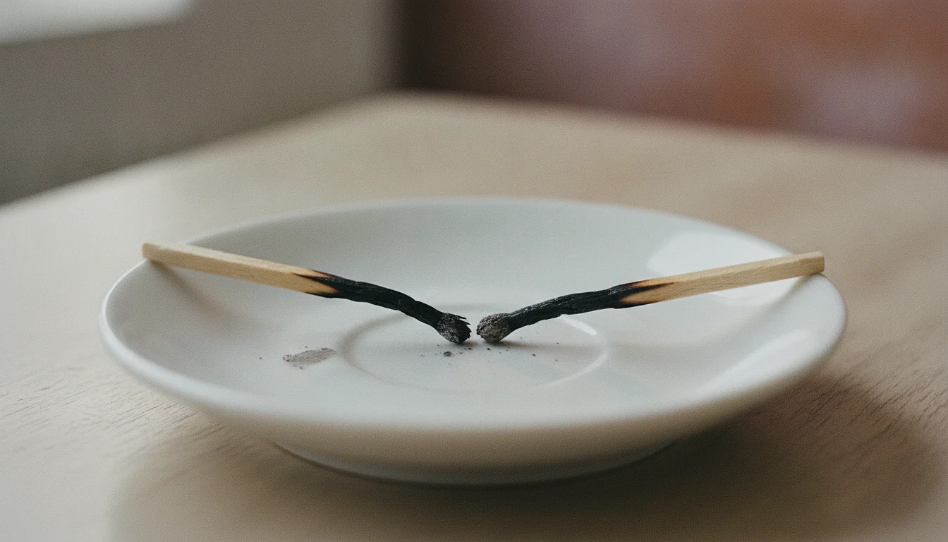 Two wooden matches on a white saucer, each burned toward the other until their charred ends meet, ash scattered between them.
