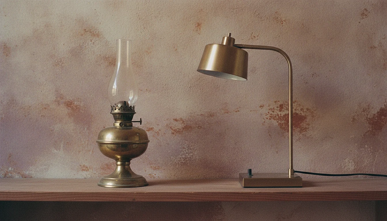 An antique brass oil lamp and a modern desk lamp standing together on one shelf, both unlit.