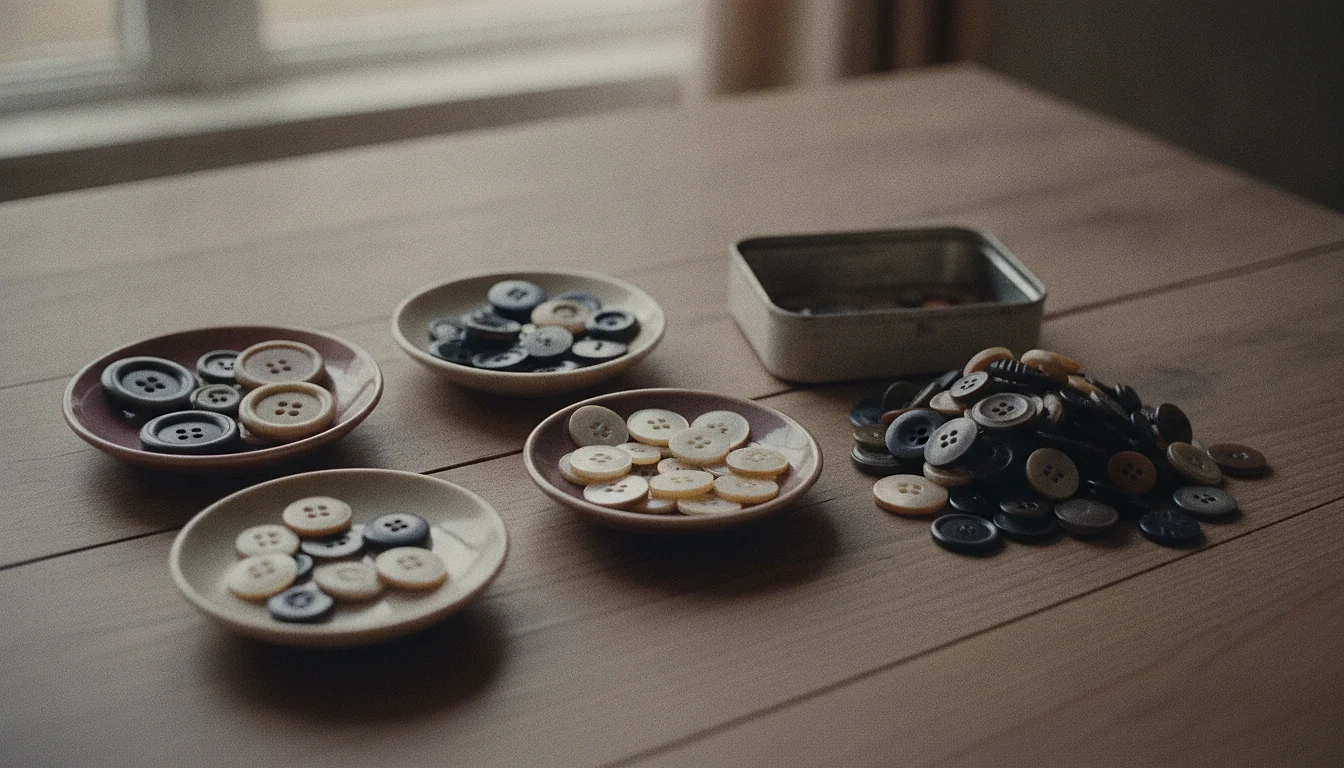 Assorted buttons part-sorted into small saucers on a table, with a loose pile of buttons that fit no group.