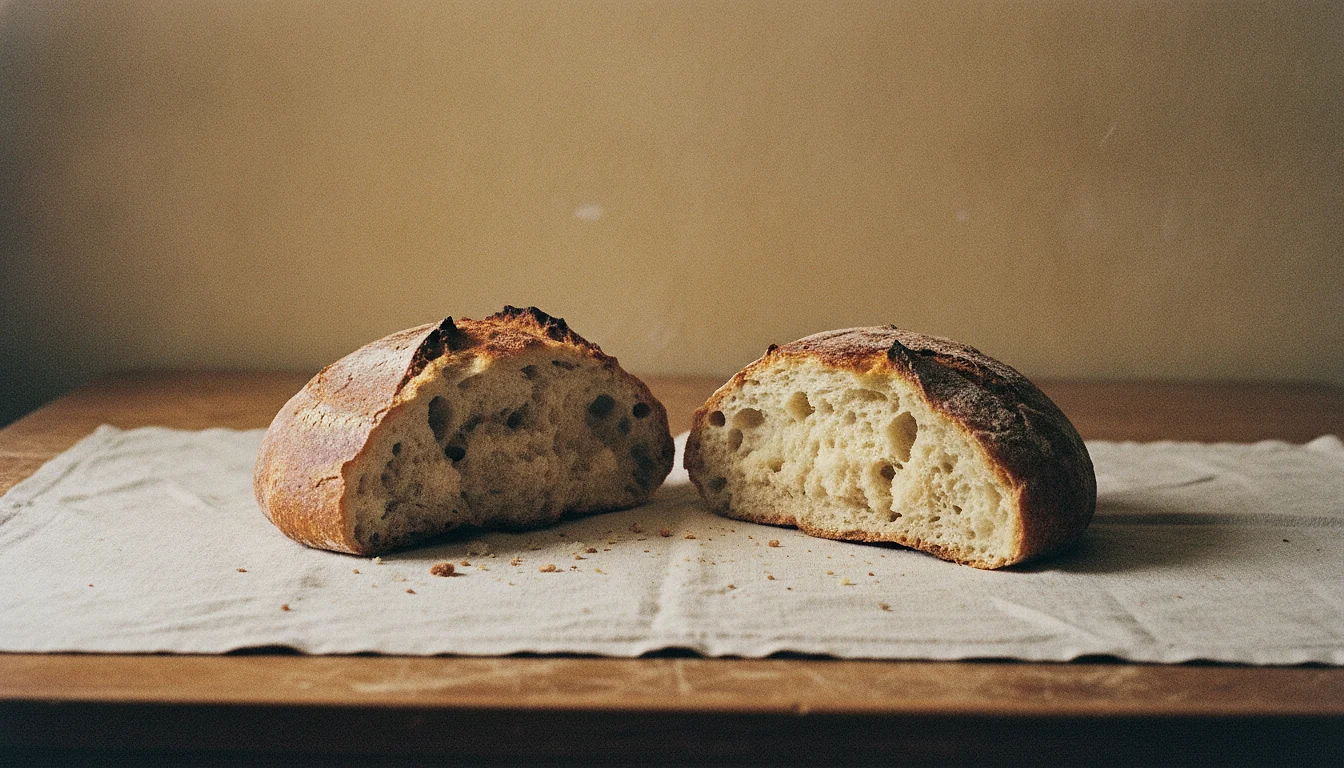A round loaf of bread torn into two halves lying slightly apart on a linen cloth, crumbs between them.